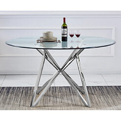 Vivenla Table de salle à manger ronde design piètement en acier inoxydable poli argenté et plateau en verre trempé transparent L. 140 x P. 140 x H. 76 cm collection LORENA