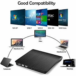 NC Lecteur Graveur DVD CD Externe USB 3.0 Ultra Slim Portable - Noir - Plug and Play - Haute Vitesse