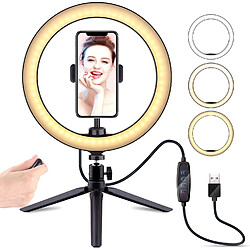 BESTA Anneau lumineux pour selfie de 25,4 cm avec trépied, lampe LED de bureau à intensité variable avec obturateur à distance sans fil pour diffusion en direct/maquillage/vidéo YouTube