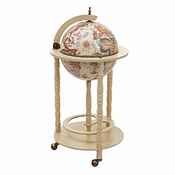 Mendler Bar de salon HWC-D83, minibar, étagère de vin, globe terrestre Ø 33cm, roulant, bois d'eucalyptus ~ blanc