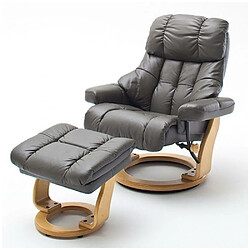 Inside 75 Fauteuil relax CLAIRAC XL assise en cuir nougat pied en bois naturel avec repose pied 