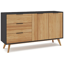 Pegane Buffet en pin massif décor ciré naturel et noir, meuble de rangement - Longueur 140 x Profondeur 40 x Hauteur 80 cm