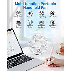 Avis Ventilateur Portatif USB, ventilateur de Bureau Rechargeable Ventilateur de Table Portable avec Fonction de Banque d'Alimentation 5200mAh, Ventilateur De Refroidissement à Flux d'Air Puissant à 5 Vitesses Ventilateur Alimenté Par Batterie