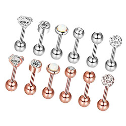 6/12 Sets Acier Zircon Strass Boucle D'oreille Piercing Bijoux Mélangé 12 Ensembles