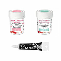 Scrapcooking 2 colorants alimentaires vert d'eau-rose poudré + Stylo glaçage noir