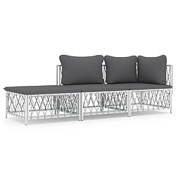 vidaXL Salon de jardin avec coussins 3 pcs blanc acier