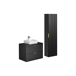 Vente-Unique Meuble de salle de bain suspendu strié avec vasque à poser et colonne - Noir - 80 cm - ZEVARA