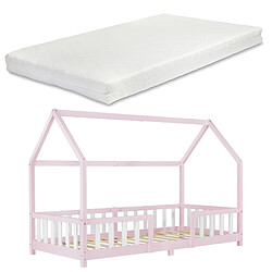 Lit d'enfant Forme Maison Sisimiut avec Matelas à Mousse à Froid 200 x 90 cm Rose Blanc [en.casa]