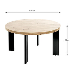 Pegane Table basse, Table de salon en bois coloris chêne et métal noir - diamètre 75 x hauteur 42 cm