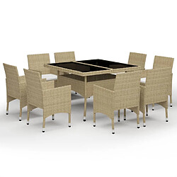 Salle à dîner de jardin 9 pcs,Table et chaise à manger Résine tressée et verre Beige -MN40437