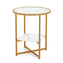 Helloshop26 Table d'appoint ronde bout de canapé en verre trempé ondulé cadre en métal étagère en faux marbre petite table basse salon 50 x 50 x 60 cm blanc 20_0005207