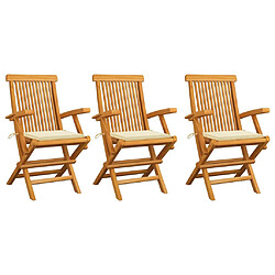 vidaXL Chaises de jardin avec coussins crème lot de 3 Bois teck massif 