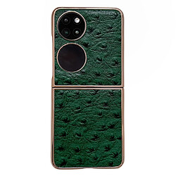 Coque en TPU + cuir véritable électroplaqué, texture autruche, anti-rayures pour votre Huawei P50 Pocket - vert