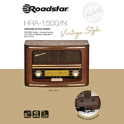 Radio Vintage Portable FM/MW Haut-parleur, Alimentation Secteur ou par Piles, , Bois, Roadstar, HRA-1500N