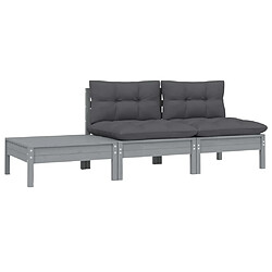 vidaXL Salon de jardin 3 pcs avec coussins Gris Bois de pin massif