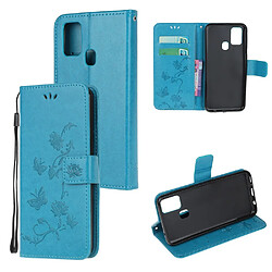 Etui en PU empreinte fleur de papillon avec sangle bleu pour votre Samsung Galaxy A21s