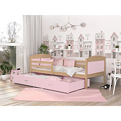 Kids Literie Lit Enfant Mateo 90x190 Pin - rose Livré avec sommiers, tiroir et matelas en mousse de 7cm