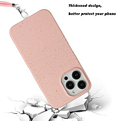 Coque en TPU + paille de blé entièrement biodégradable, texture naturelle, anti-chocs avec sangle pour votre iPhone 14 Pro Max - rose