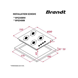 Table de cuisson gaz 60cm 4 feux blanc - BPG3400W - BRANDT