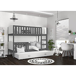 Kids Literie Lit Superposé 3 Places Tomy 90x190 Gris - blanc Livré avec sommiers, tiroir et matelas en mousse de 7cm