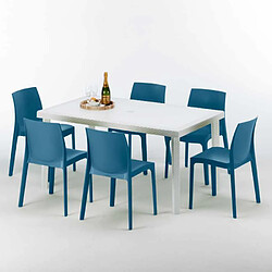 Avis Table Rectangulaire Blanche 150x90cm Avec 6 Chaises Colorées Grand Soleil Set Extérieur Bar Café Rome Summerlife, Couleur: Bleu