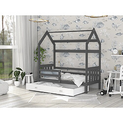 Kids Literie Lit Cabane 2 80x160 Gris - blanc Livré avec sommiers, tiroir et matelas en mousse de 7cm