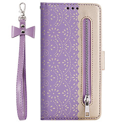 Etui en PU Fermeture éclair à motif de fleurs en dentelle avec support violet pour votre Samsung Galaxy A41 (Global Version)