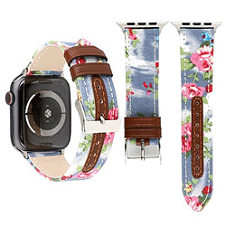 Wewoo Bracelet en cuir véritable avec Motif fleurs denim pour Apple Watch séries 3 et 2 et 1 38 mm bleu clair