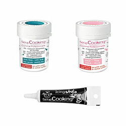 Scrapcooking 2 colorants alimentaires bleu foncé-rose poudré + Stylo glaçage noir