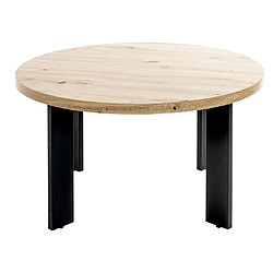 Pegane Table basse, Table de salon en bois coloris chêne et métal noir - diamètre 75 x hauteur 42 cm