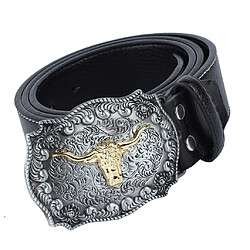 Ceinture En Cuir De Cow-boy Occidental Pour Homme Avec Boucle De Tête De Vache Arabesque Noir pas cher