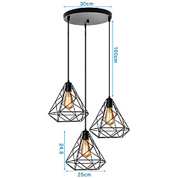 Acheter Stoex Suspension Industrielle forme Diamant Cage 25cm Style Vintage Géométrie Lustre Abat jours Métal Fer 3 Edison E27 Luminaire Noir