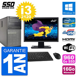 PC Tour Dell 390 MT Ecran 22" i3-2120 RAM 16Go SSD 960Go HDMI Windows 10 Wifi - Occasion