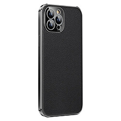 Coque en TPU + cuir véritable électroplaqué, antichute, slim pour votre iPhone 14 Pro Max - noir