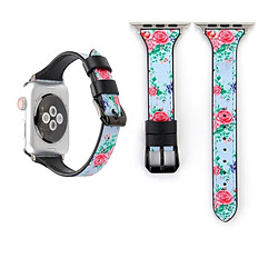 Wewoo Lettre T Forme Simple Floral Bracelet de montre en cuir véritable avec boucle en acier inoxydable pour Apple Watch séries 3 et 2 et 1 38 mm (bleu)