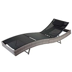 Decoshop26 Chaise longue transat bain de soleil pour jardin poly-rotin gris housse noir 04_0004813