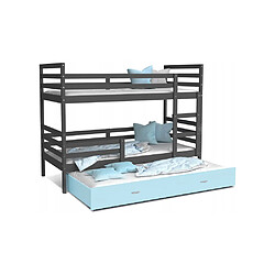 Kids Literie Lit Superposé 3 Places Milo 90x190 Gris - bleu Livré avec sommiers, tiroir et matelas en mousse de 7cm