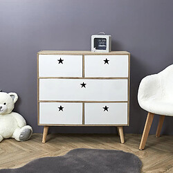 Toilinux Commode 5 tiroirs Like a Star - en MDF et Bois de Pin - Blanc et Marron