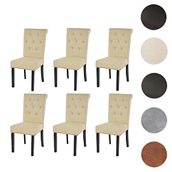 Mendler 6x chaise de salle à manger Chesterfield II, fauteuil avec rivets, similicuir crème, pieds foncés