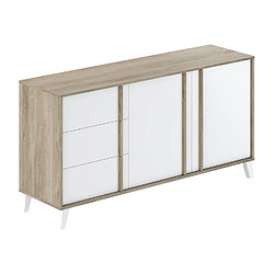 Pegane Buffet, meuble de rangement en mélamine coloris chêne et blanc - Longueur 160 x Profondeur 45 x Hauteur 82 cm