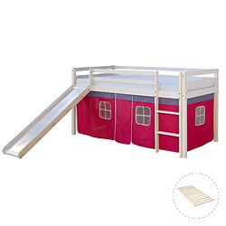 Homestyle4U Lit mi-hauteur avec rideaux rose et toboggan