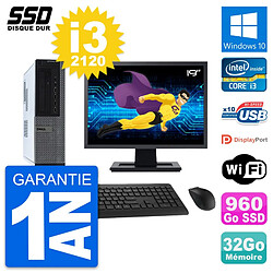 PC Dell 990 DT Ecran 19" Intel Core i3-2120 RAM 32Go SSD 960Go Windows 10 Wifi - Occasion