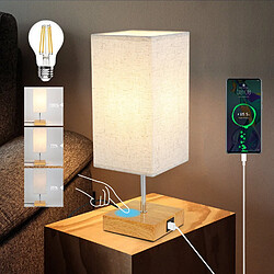 NETTLIFE Lampe de Table Lampe de Chevet Tactile à Intensité Variable - Lampe de Bureau Vintage USB avec Fonction de Charge Veilleuse Rechargeable E27 avec Abat-Jour en Tissu