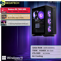 Sedatech Pack PC Gamer ATX Compact • AMD Ryzen 5 7600X3D • RX 7900 GRE • 32Go DDR5 • 2To SSD M.2 • Windows 11 • Moniteur 27''