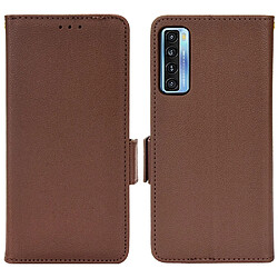 Etui en PU texture litchi, double fermeture magnétique avec support, marron pour votre TCL 20S/20 5G/20L/20L+