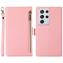 Etui en PU + TPU texture litchi avec pochette à fermeture éclair et sangle pour votre Samsung Galaxy S21 Ultra 5G - rose