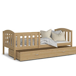 Kids Literie Lit Enfant Teo 90x190 Pin Livré avec sommiers, tiroir et matelas en mousse de 7cm