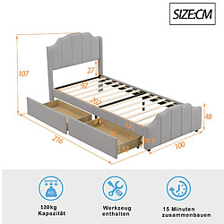 ComfortXL Cadre De Lit Enfant Rembourré 90x200 Cm Avec Tête De Lit, 2 Tiroirs De Rangement, Gris pas cher