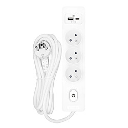 Null Multiprise SELDUR G3FU32B, 3 prises type E + interrupteur, USB A+C charge standard 12W, Blanc, câble 3m