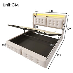 Avis KOMHTOM Lit double capitonné 140x200 avec tête de lit LED et chargeur USB C, lit hydraulique, beige (sans matelas)